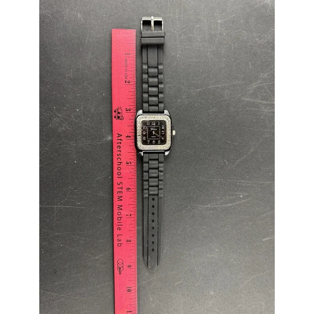 Geneva quartz square watch black face rhinestone bezel‎ sports band works